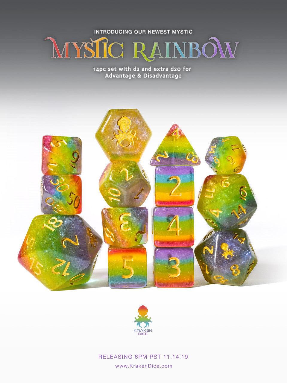 🎁 Mystic Rainbow 14pc Dice Set Inked in Gold (100% off)